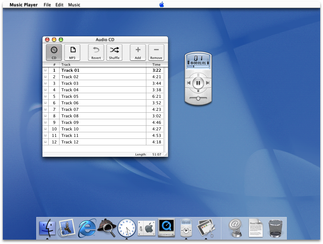 Mac OS X Public Beta with Music Player running in the foreground.