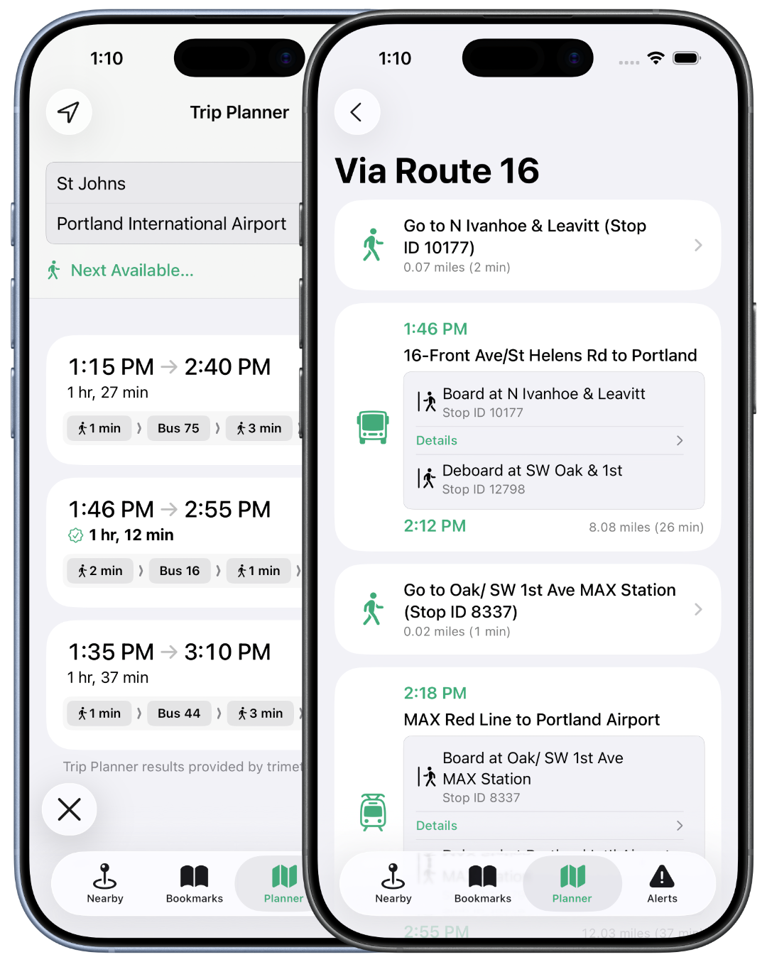PDX Transit with Trip Planner showing trip details from St Johns to PDX Airport.